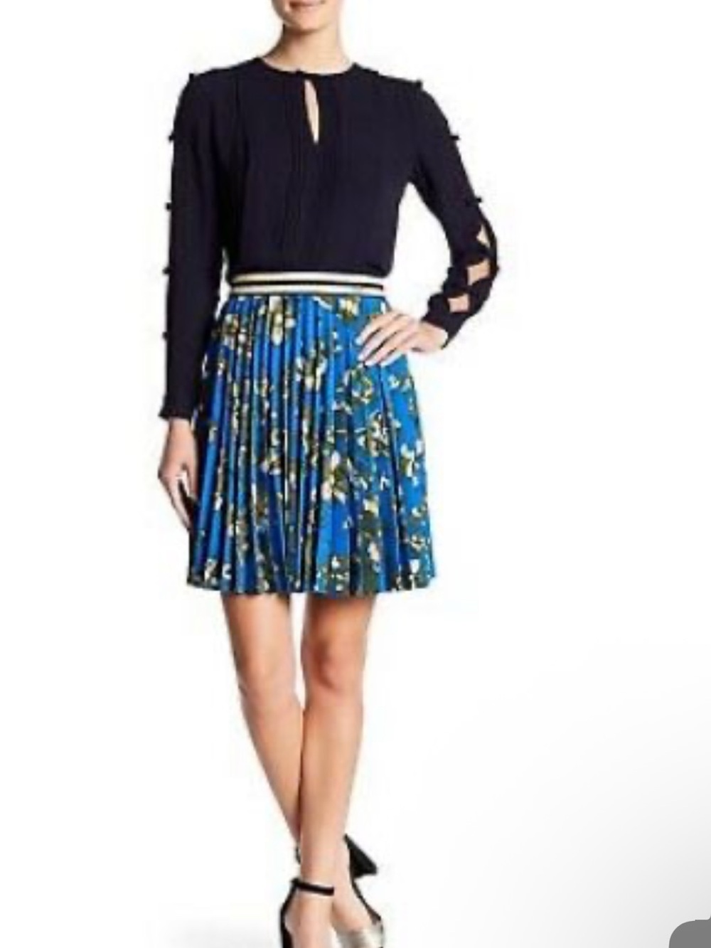 Ted Baker Blue Floral Pleated Skirt with Striped Waistband